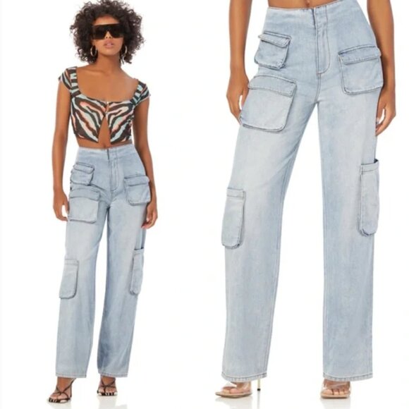 NWT AFRM Sigmund High Rise Wide Leg Cargo Jean in Blue Light Wash Women’s 27 - Picture 1 of 12